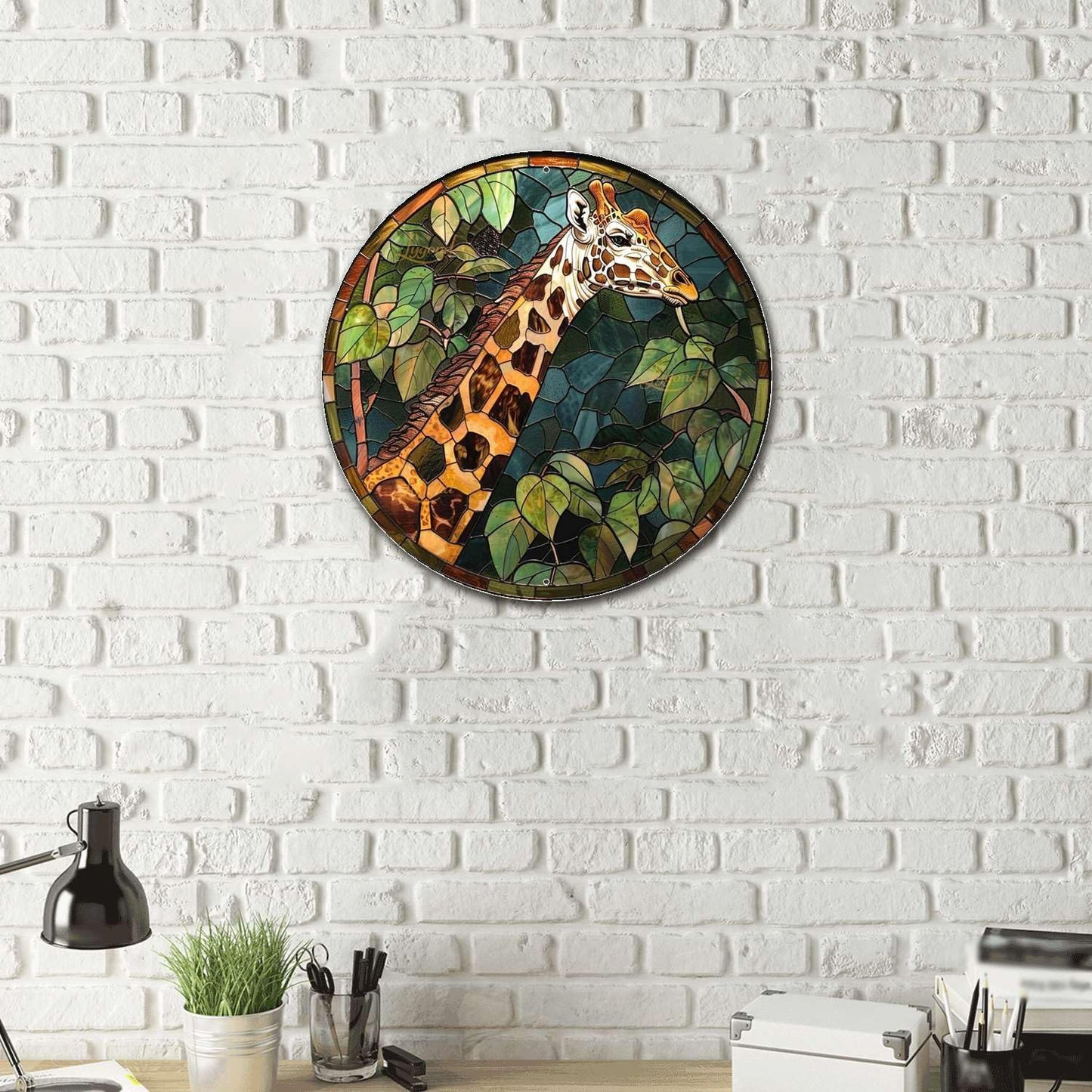 Lygond Metal Giraffe Stained Glass Restroom Tin Sign - 8x8 Inches