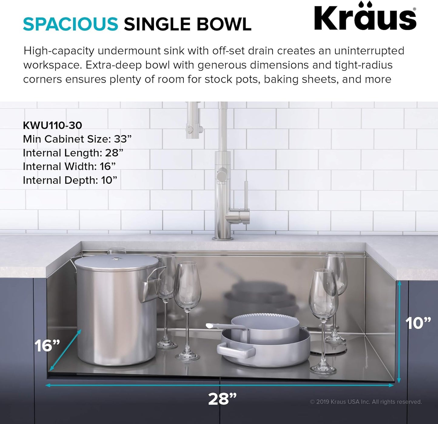 KRAUS Kore Workstation 30-inch Undermount 16 Gauge Stainless Kitchen Sink, Single Bowl Kitchen Sink with 3/4 HP Garbage Disposal, KWU110-30-100-75MB