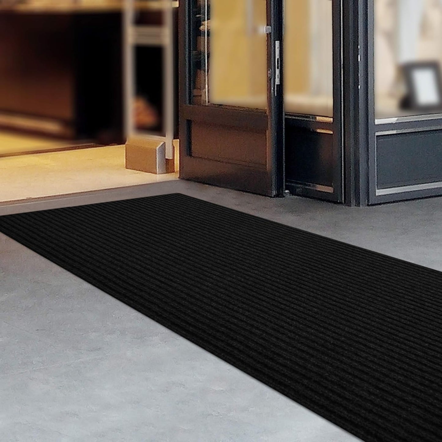 iCustomRug Spartan Weather Warrior Indoor/Outdoor Utility Ribbed Carpet Runner with Non-Slip Thermoplastic Rubber Backing, 28in X 24ft in Black