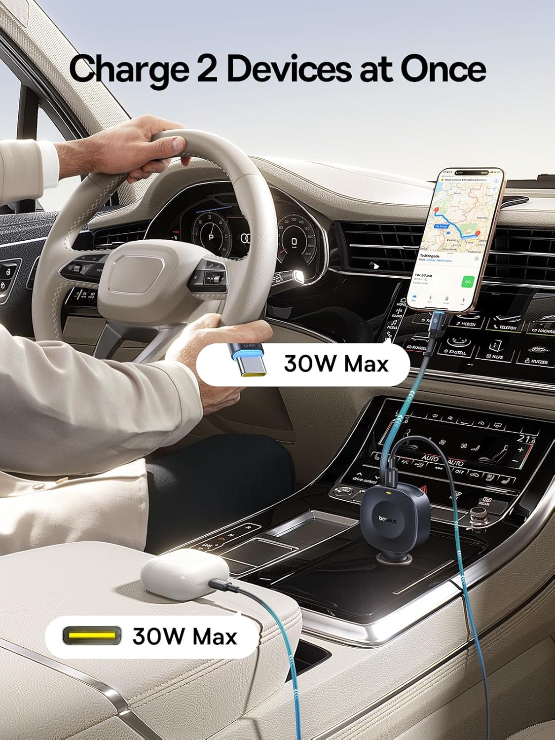 Baseus Ultra-Mini Retractable Car Charger USB C, 60W Fast Charging Car Charger with Retractable USB C Cable for iPhone 16 15 14 Pro Max, Samsung Galaxy S25 Ultra, Android, iPad, AirPods