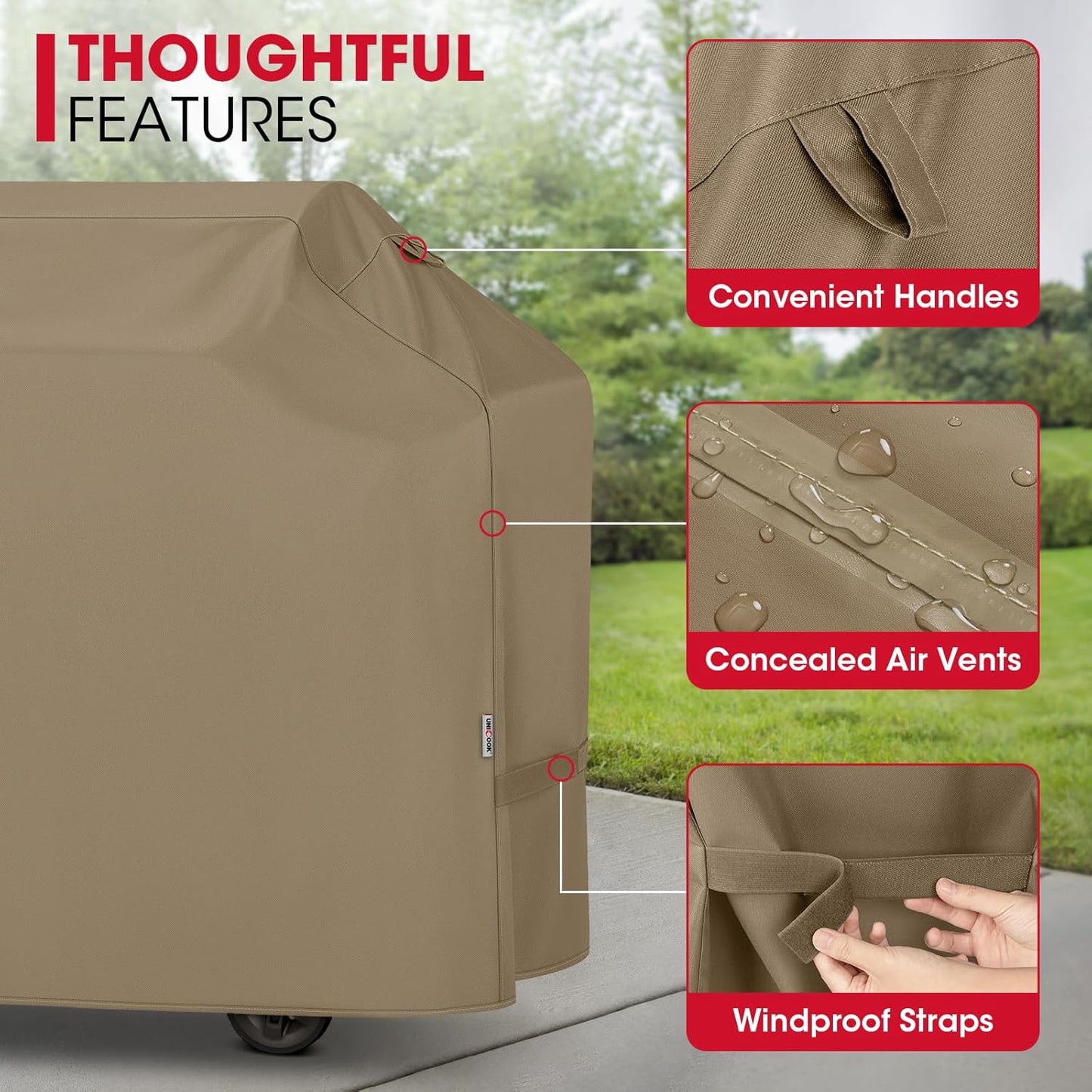 Unicook 55 Inch Grill Cover for Outdoor Grill, Heavy Duty Waterproof Gas BBQ Cover with Sealed Seam, Rip and Fade Resistant Barbecue Covering for Weber Nexgrill Charbroil, Neutral Taupe