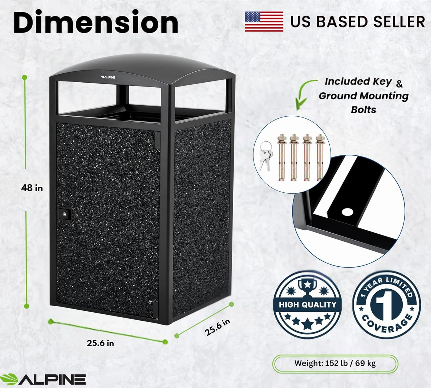 Alpine Outdoor Commercial Trash Can with Lid - 55 Gallon Heavy Duty Steel Garbage Can with Removable Bin, Locking Door for a Modern Look in Park, Mall & High Traffic Areas - Black, Grey Stone Panels