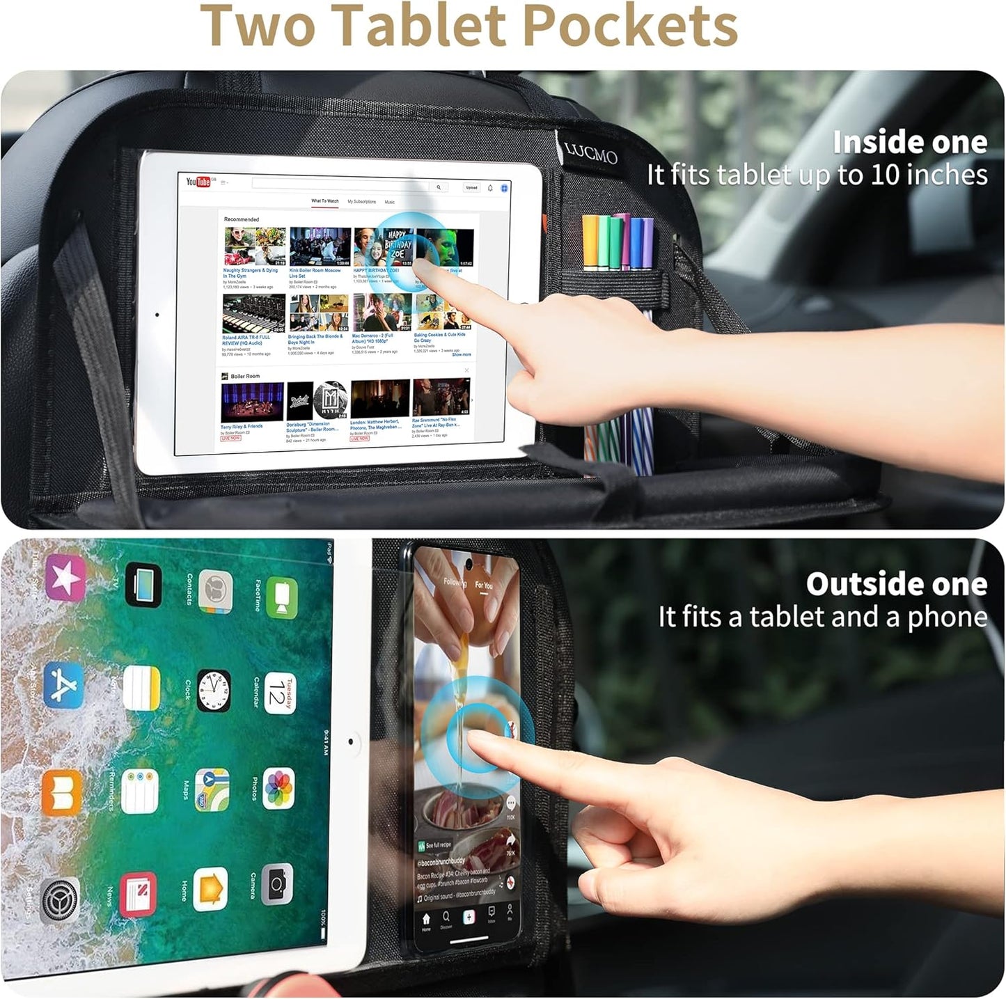 LUCMO Car Backseat Organizer with Touch Screen Tablet Holder,9 Storage Pockets Storage Organizer,Protectors Kick Mats Travel Accessories (Black, 2 Pack with Food Tray)