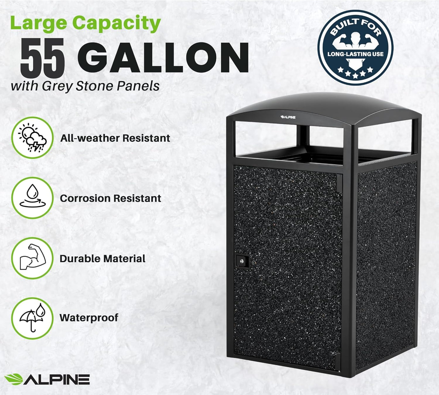 Alpine Outdoor Commercial Trash Can with Lid - 55 Gallon Heavy Duty Steel Garbage Can with Removable Bin, Locking Door for a Modern Look in Park, Mall & High Traffic Areas - Black, Grey Stone Panels