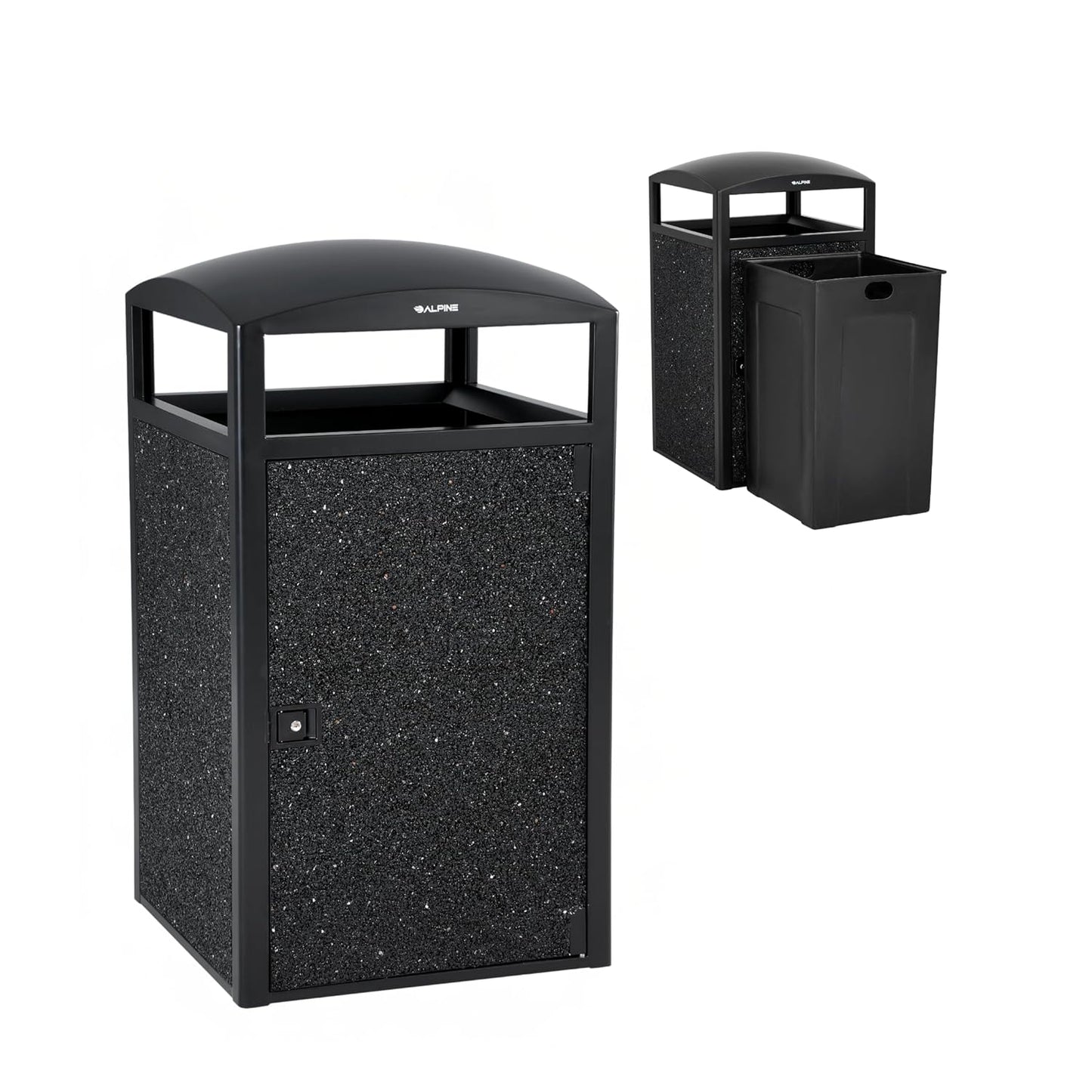Alpine Outdoor Commercial Trash Can with Lid - 55 Gallon Heavy Duty Steel Garbage Can with Removable Bin, Locking Door for a Modern Look in Park, Mall & High Traffic Areas - Black, Grey Stone Panels