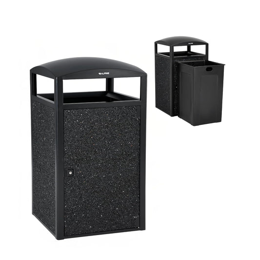 Alpine Outdoor Commercial Trash Can with Lid - 55 Gallon Heavy Duty Steel Garbage Can with Removable Bin, Locking Door for a Modern Look in Park, Mall & High Traffic Areas - Black, Grey Stone Panels