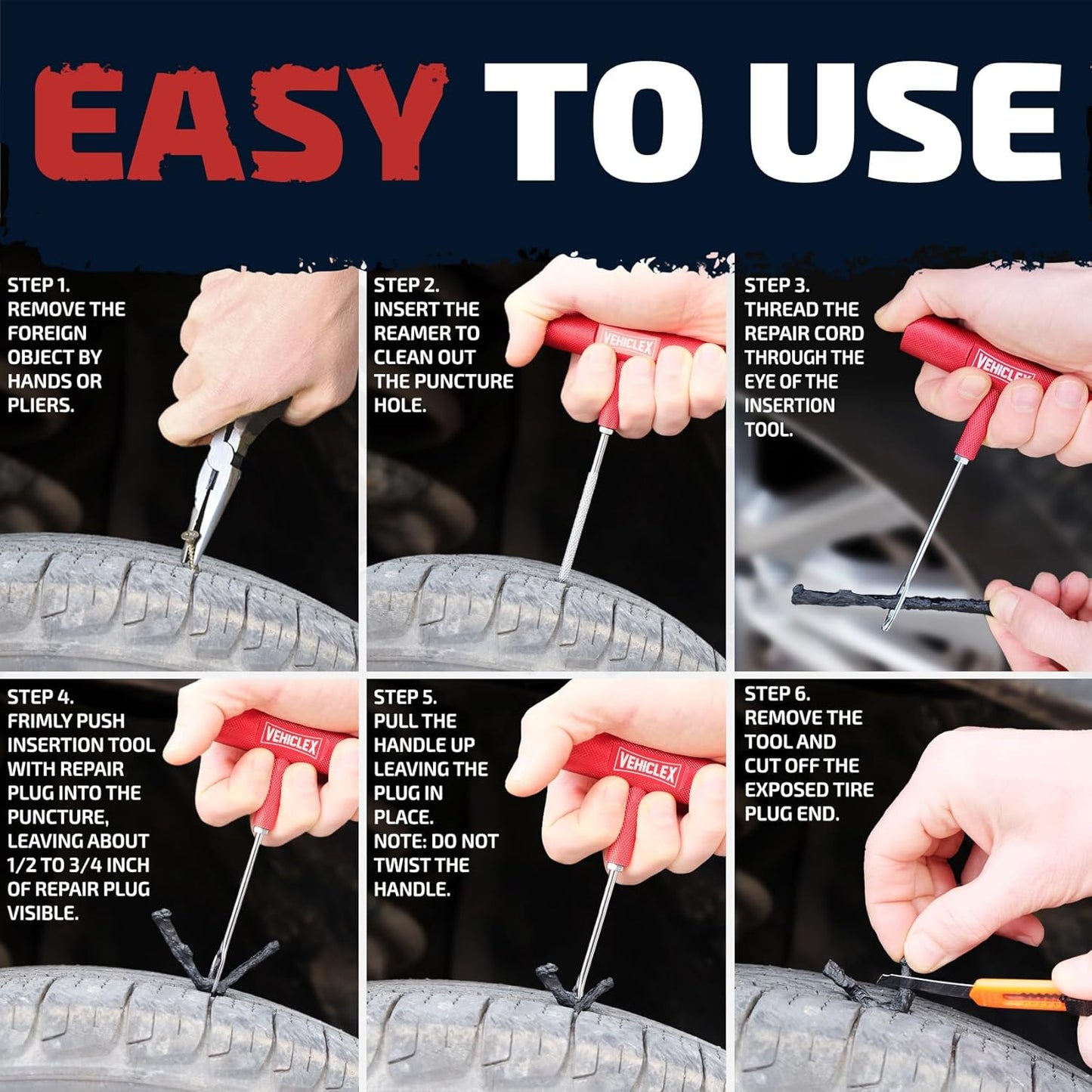 Vehiclex Tire Repair Kit for Plug and Patch with Aluminum Handled Tools - Emergency Kit in Zippered Bag for Car, Motorcycle, ATV, Tractor, Lawn Mower