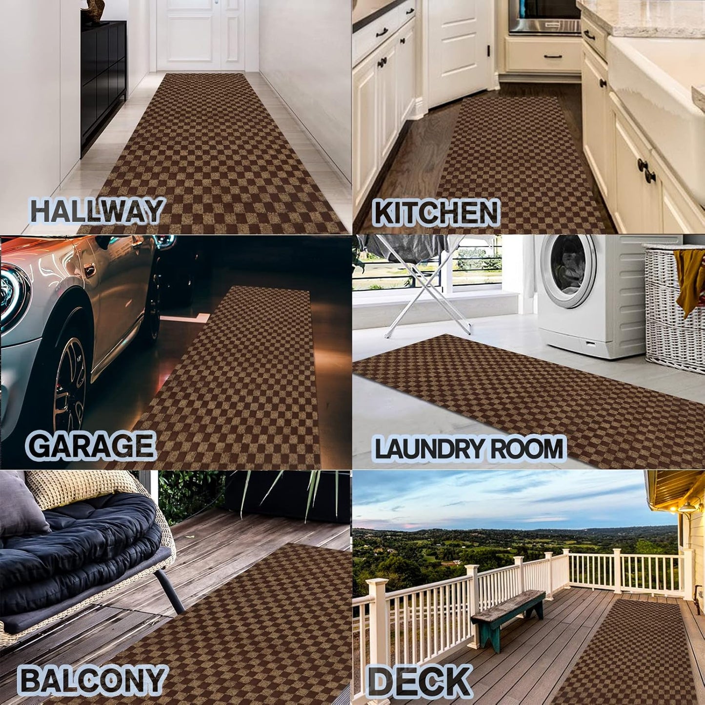 Custom Size Backed Non-Slip Area Rugs Runner, Easy Clean, Waterproof Runner Rugs for Hallway Entryway, Kitchen, Laundry, 2FT x 79FT, Brown Checkered