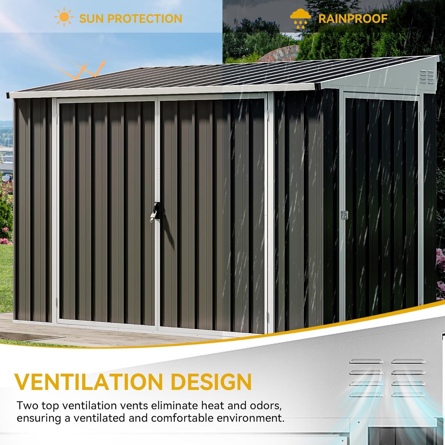 DWVO 8x4 FT Outdoor Weatherproof Storage Shed, Secure Metal Bike Shed w/Lockable Entry, Garden Storage Solution for Lawn Equipment, Tools, Waste Bin, Dark Gray