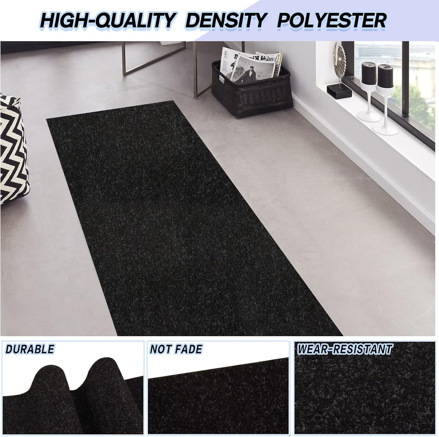 Custom Size Backed Non-Slip Area Rugs Runner, Easy Clean, Waterproof Runner Rugs for Hallway Entryway, Kitchen, Laundry, 2FT x 50FT, Black