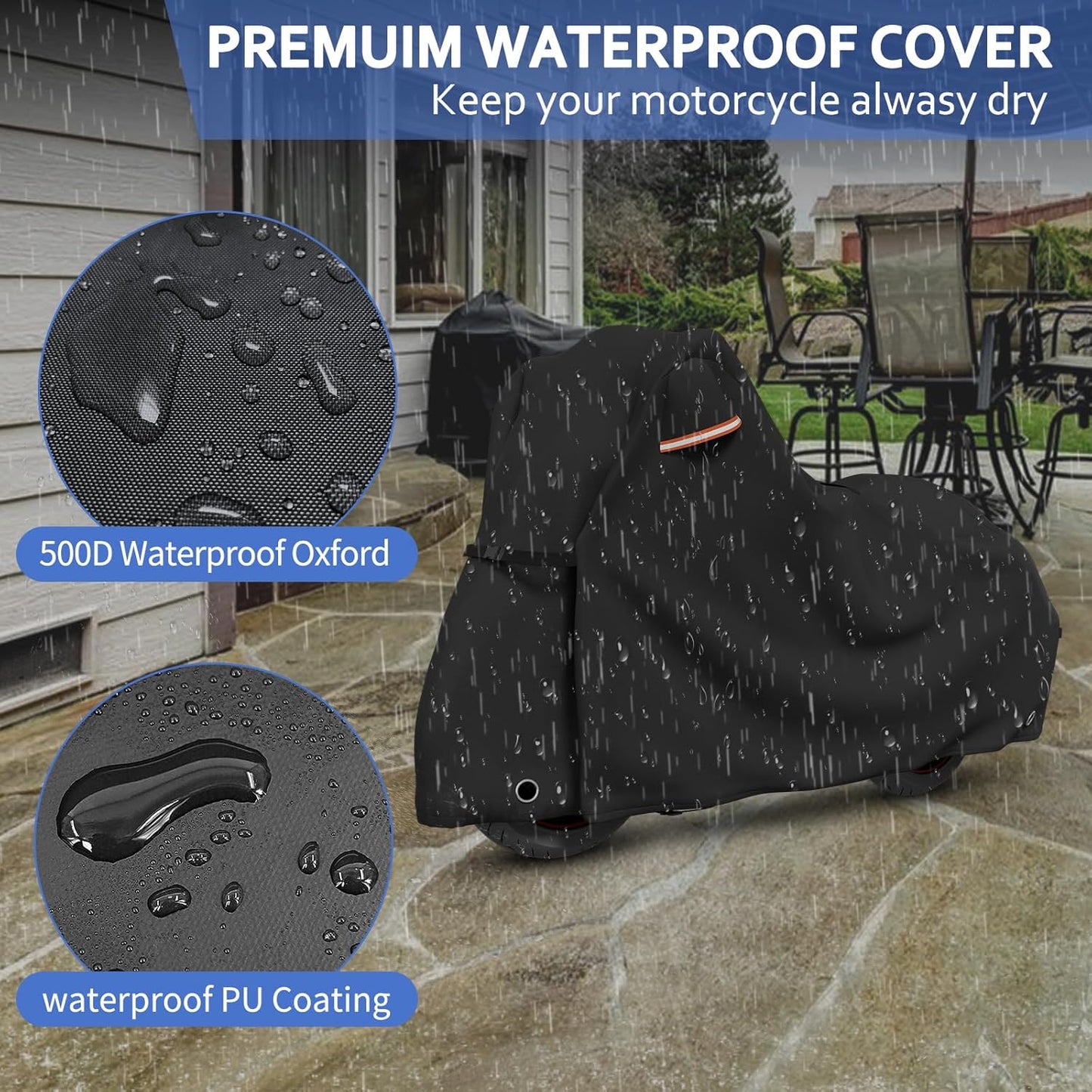STARTWO Motorcycle Covers Waterproof Outdoor Storage Heavy Duty All Season Universal Vehicle Cover for Harley Davidson Sport, Cruisers, Softail, Adventure Series and Most Motorcycles 96"x43"x55" Black
