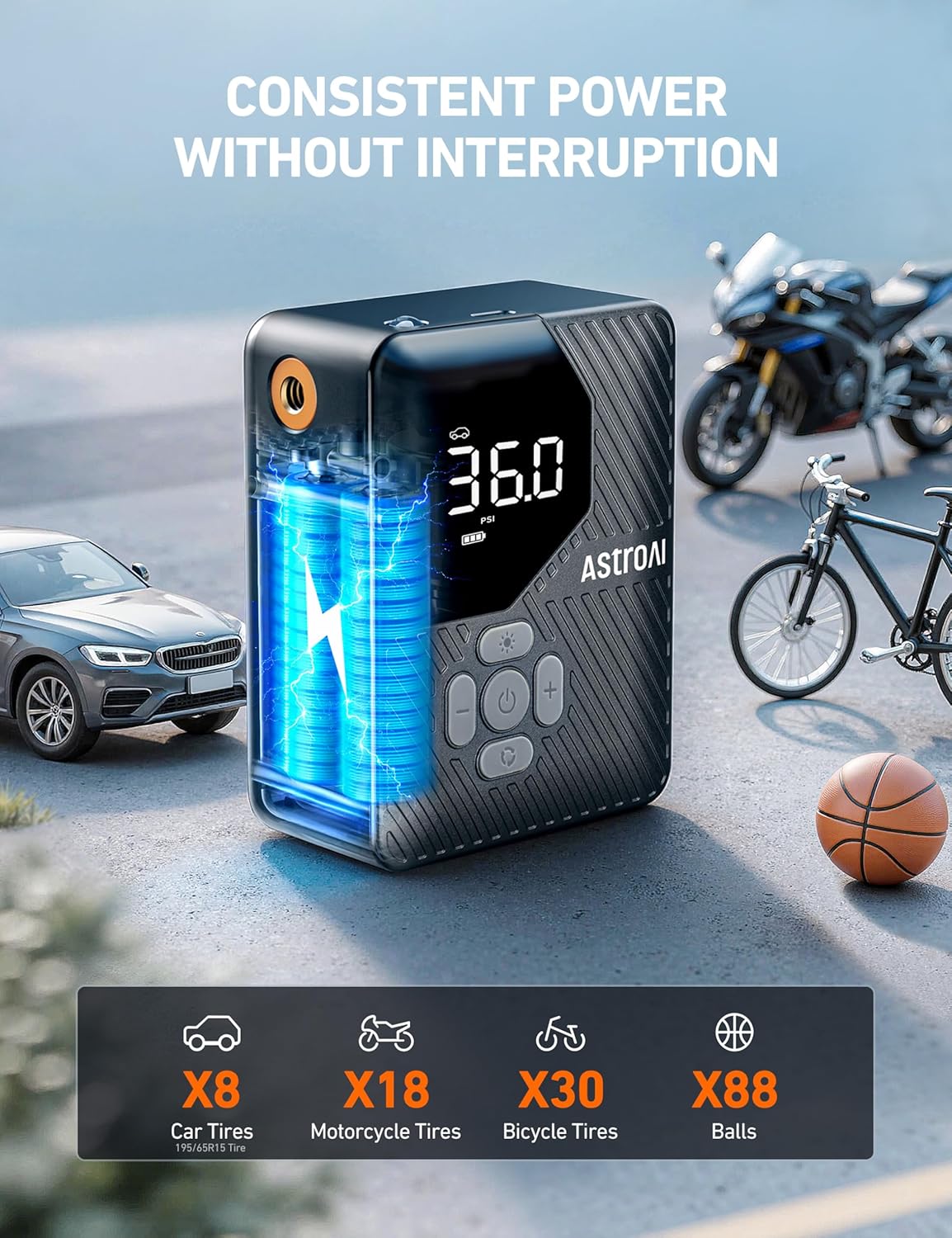 AstroAI L7 Mini Tire Inflator Portable Air Compressor,150 PSI Cordless Car Tires Air Pump with LED Lights&Pressure Gauge,Auto Shut-Off - Tire Pump for Auto,Motorcycle, Bicycle, Ball Grey