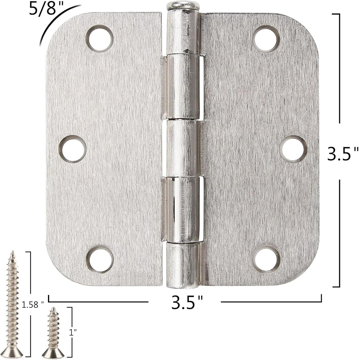 24 Pack Interior Satin Door Hinges Brushed Nickel 3.5 Inch x 3 1/2" 5/8" Rudius Rounded Heavy Duty Metal Iron Hinge 3 ½ Bifold Standard Doors Hardware Fittings for Flat,Bed/Storage/Basement Room