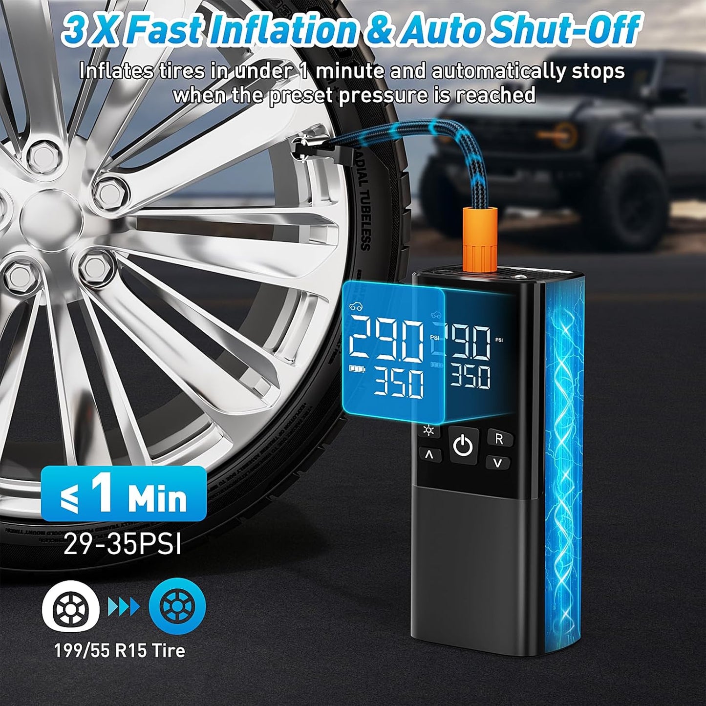 Tire Inflator Portable Air Compressor – Dual Power Mode, Built-in Battery & 12V Car Plug | Fast Inflation, Auto Shut-Off, Dual Pressure Display & LED Light for Cars, Motorcycles, Gifts for Men