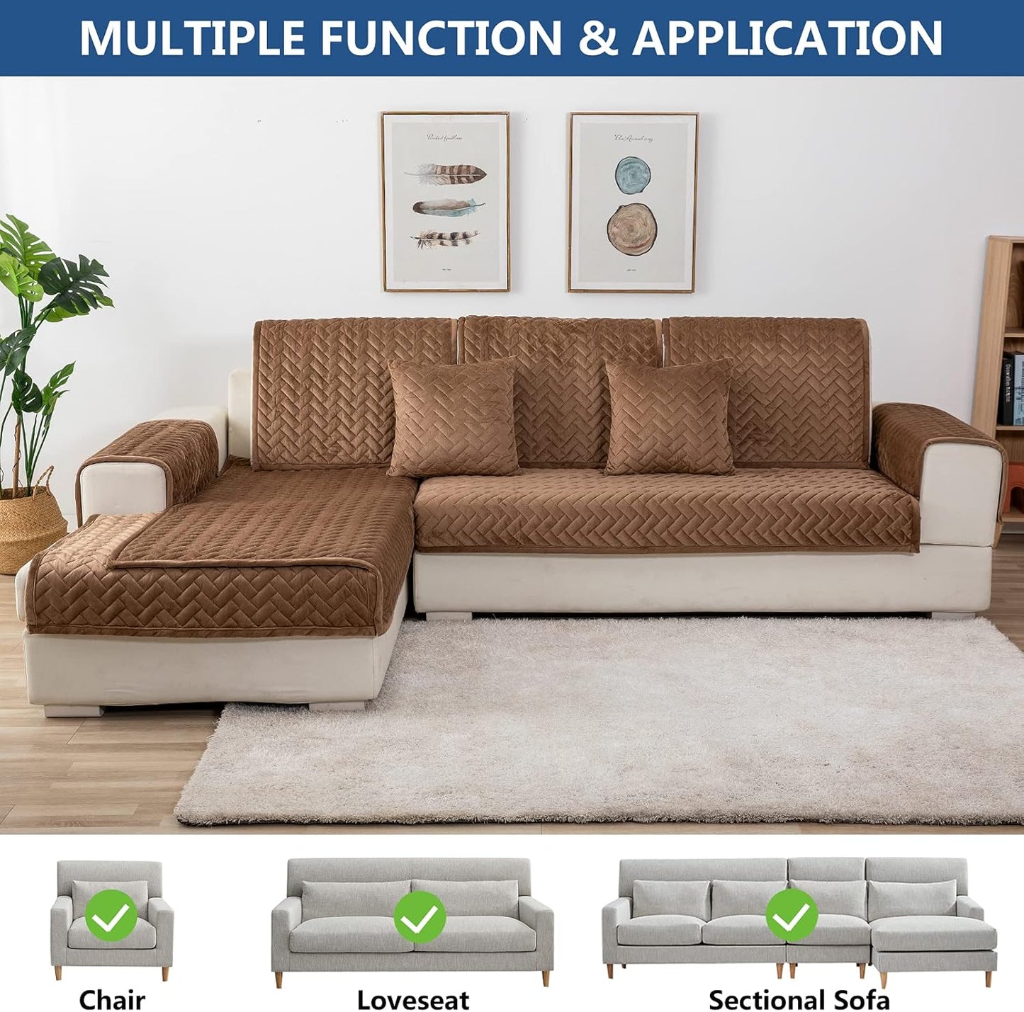 Eismodra Couch Cover,Sectional Couch Covers,Sofa Covers for 3 Cushion Couch,Anti-Slip Sofa Slipcovers for Dogs Cats Kids Loveseat Recliner L Shaped Armrest Backrest,Brown 36''x70''(Only 1 Piece)