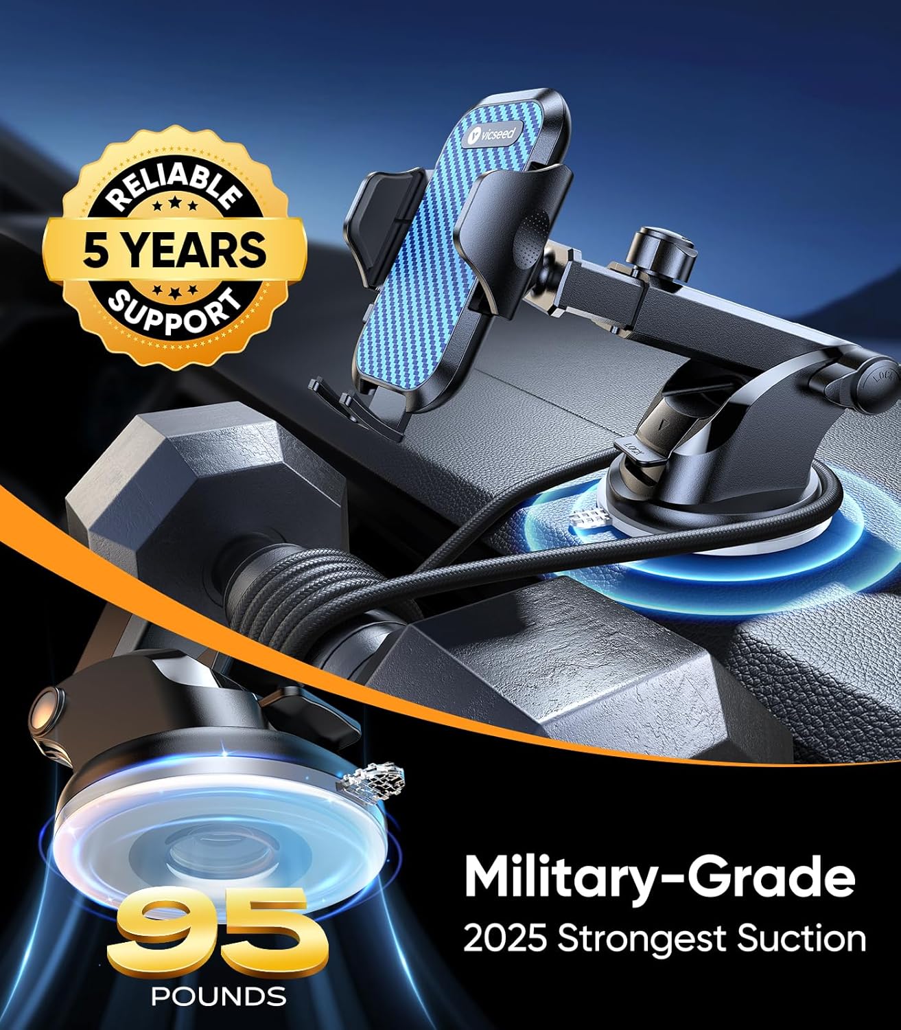 VICSEED Blue Phone Holders for Your Car [Upgraded True Military-Grade Strongest Suction] Cell Phone Mount for Car Dashboard Windshield Vent Truck Boat Stand Adjustable for iPhone Android Smartphones