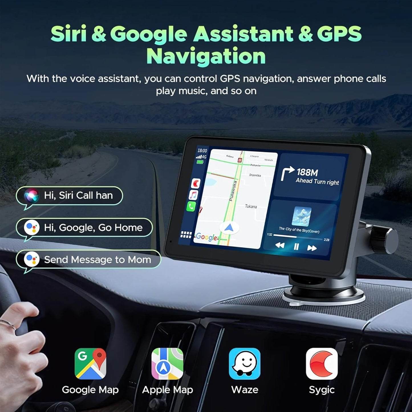 Portable Wireless CarPlay and Android Auto Screen for Car, 7" HD Touch Screen Car Stereo with Mirror Link, Bluetooth 5.0, Backup Camera, AUX,FM Transmitter for All Vehicle (with Camera)