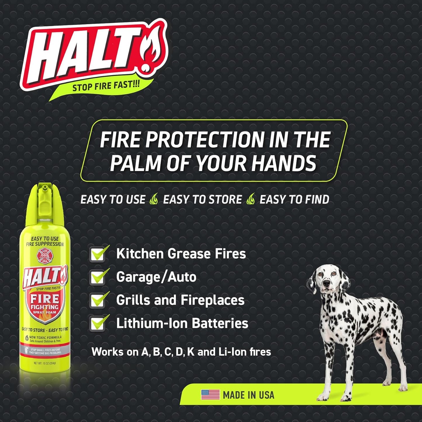 HALT! Fire Fighting Foam Spray – Non-Toxic, PFAS Free, Easy to Use, Store, and Find in Emergency – Compact & Portable – Ideal for Home, Kitchen, Apartment, Car, BBQ, Tailgate – Made in USA (4-Pack)