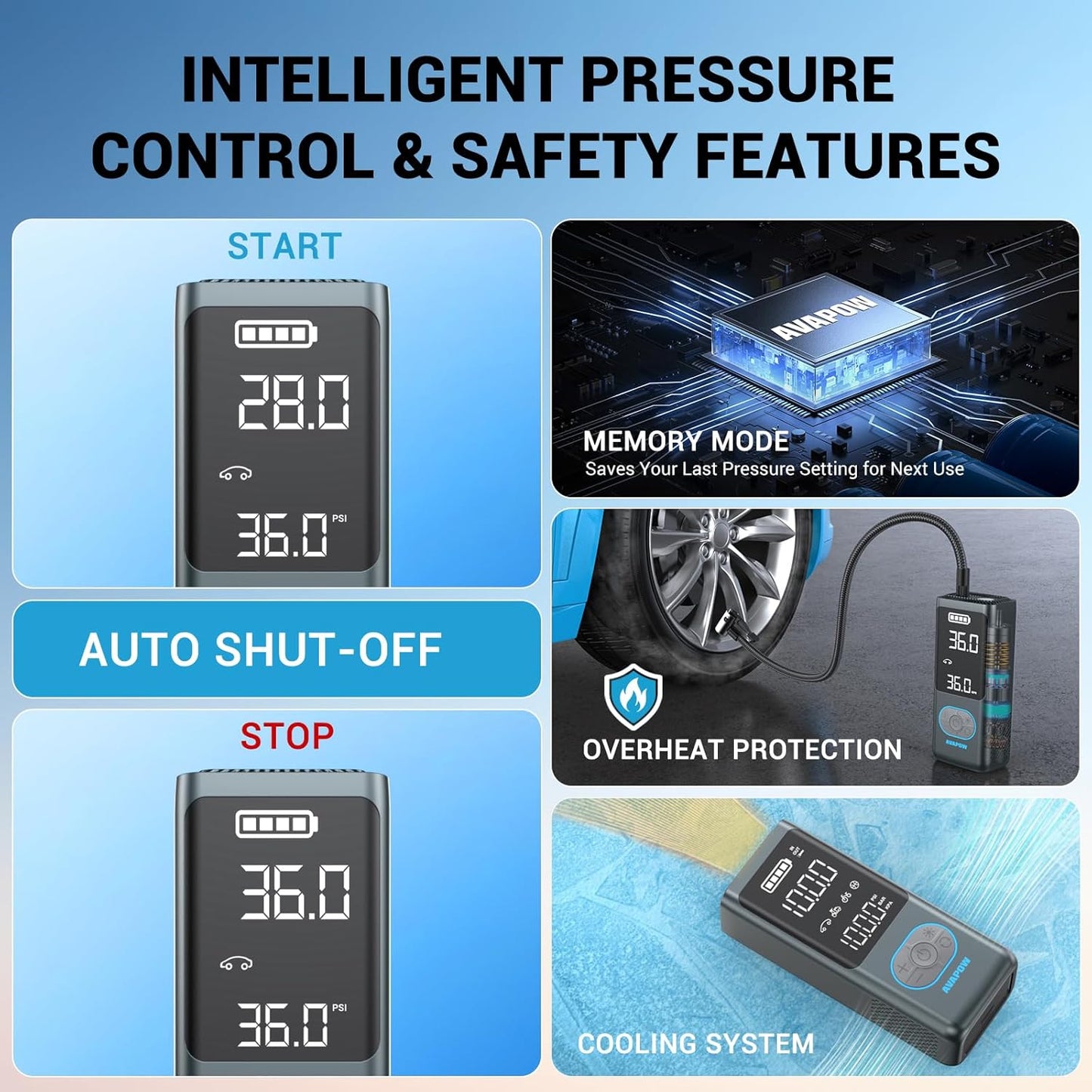 AVAPOW AP18 Tire Inflator Portable Air Compressor, 300% Faster 150 PSI Cordless Air Pump with Tire Pressure Gauge, 3.7″ Dual LCD Screen, Auto-Shuts Off Tire Pump for Car, Motorcycle, Bicycle, Blue