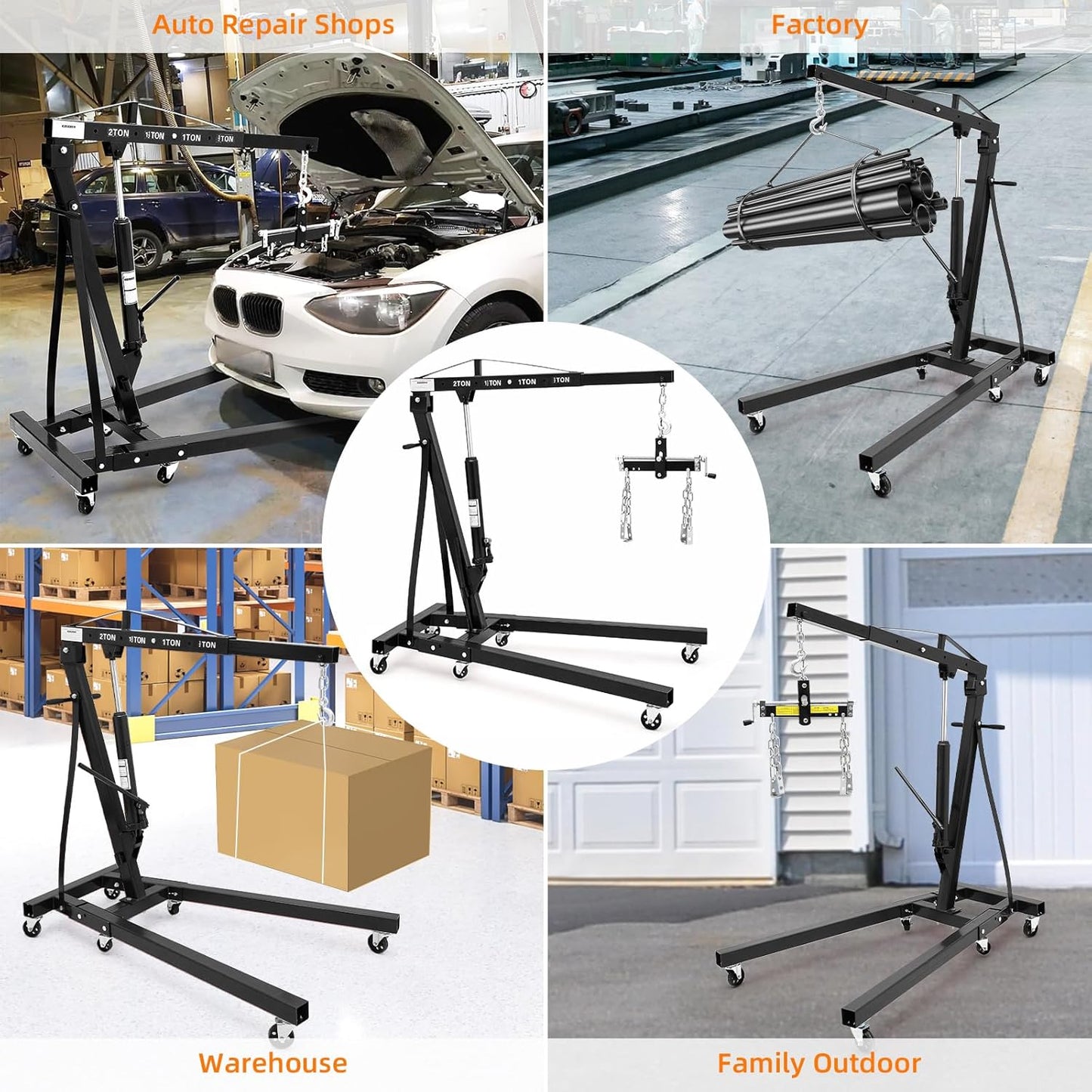 Engine Hoist with Lever, 2 Ton 4000 Lbs Heavy Duty Folding Cherry Picker Engine Lift Hydraulic Tilting Engine Shop Crane with 6 Iron Caster Wheels Telescopic Boom Hitch,Black