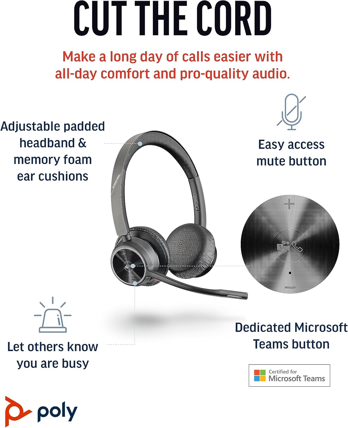 Poly Voyager 4320 UC Wireless Headset (Plantronics) - Stereo Headphones w/Noise-Canceling Boom Mic - Connect PC/Mac/Mobile via Bluetooth - Works w/Teams (Certified), Zoom, & More - Amazon Exclusive