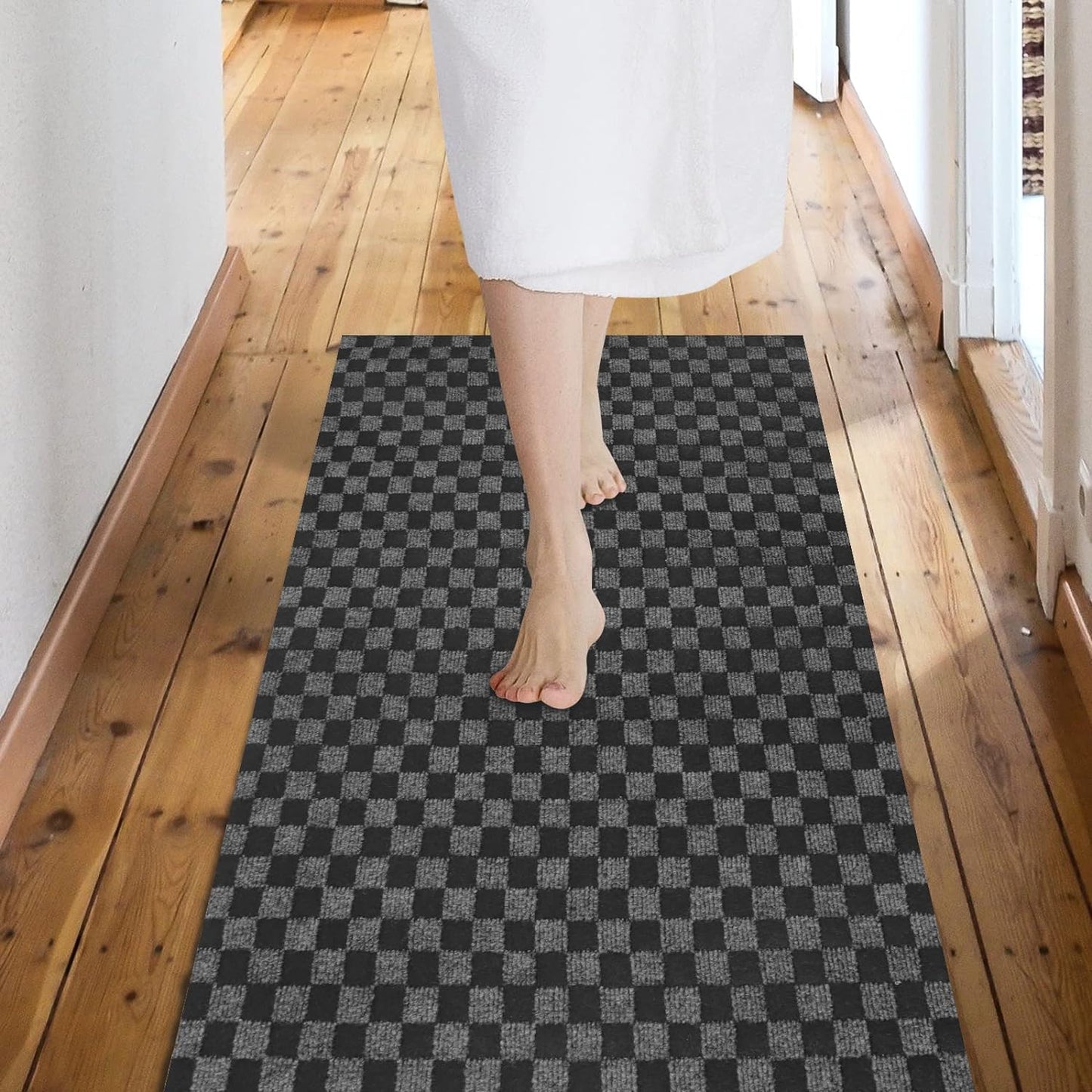 Custom Size Backed Non-Slip Area Rugs Runner, Easy Clean, Waterproof Runner Rugs for Hallway Entryway, Kitchen, Laundry, 4FT x 56FT, Gray Checkered