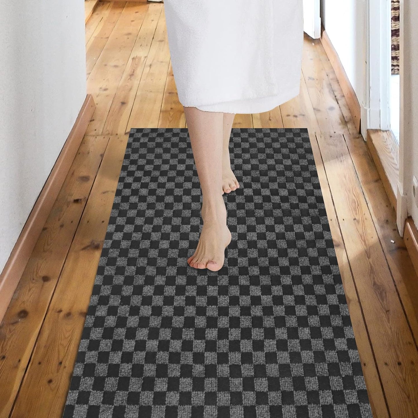 Custom Size Backed Non-Slip Area Rugs Runner, Easy Clean, Waterproof Runner Rugs for Hallway Entryway, Kitchen, Laundry, 3FT x 54FT, Gray Checkered