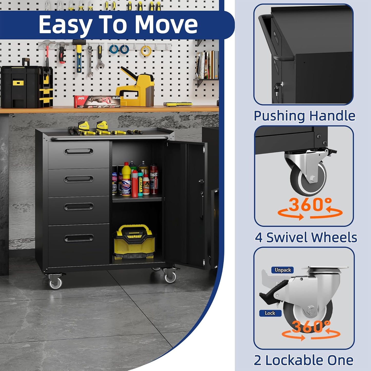 Metal Tool Cabinet,Garage Storage Cabinet System,Wall Cabinet & Locking Rolling Tool Cabinet with Doors and Adjustable Shelves,Steel Tool Cabinets for Home,Office (2 Pcs-StyleF, Black)
