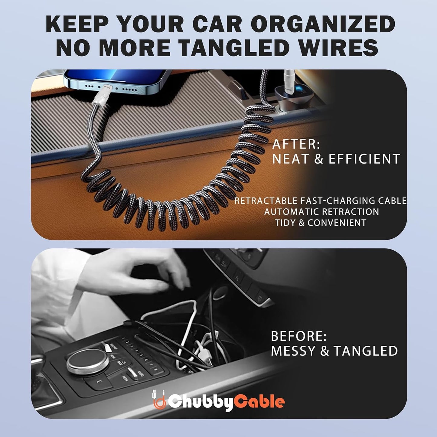 chubbycable Curly Chubby - Retractable Fast Charging Cable 240W Coiled Charger Cord for Car Durable USB-C Cable for Phones, Tablets and More, Pink, USB-A to Type-C, 1.3FT-2.3FT