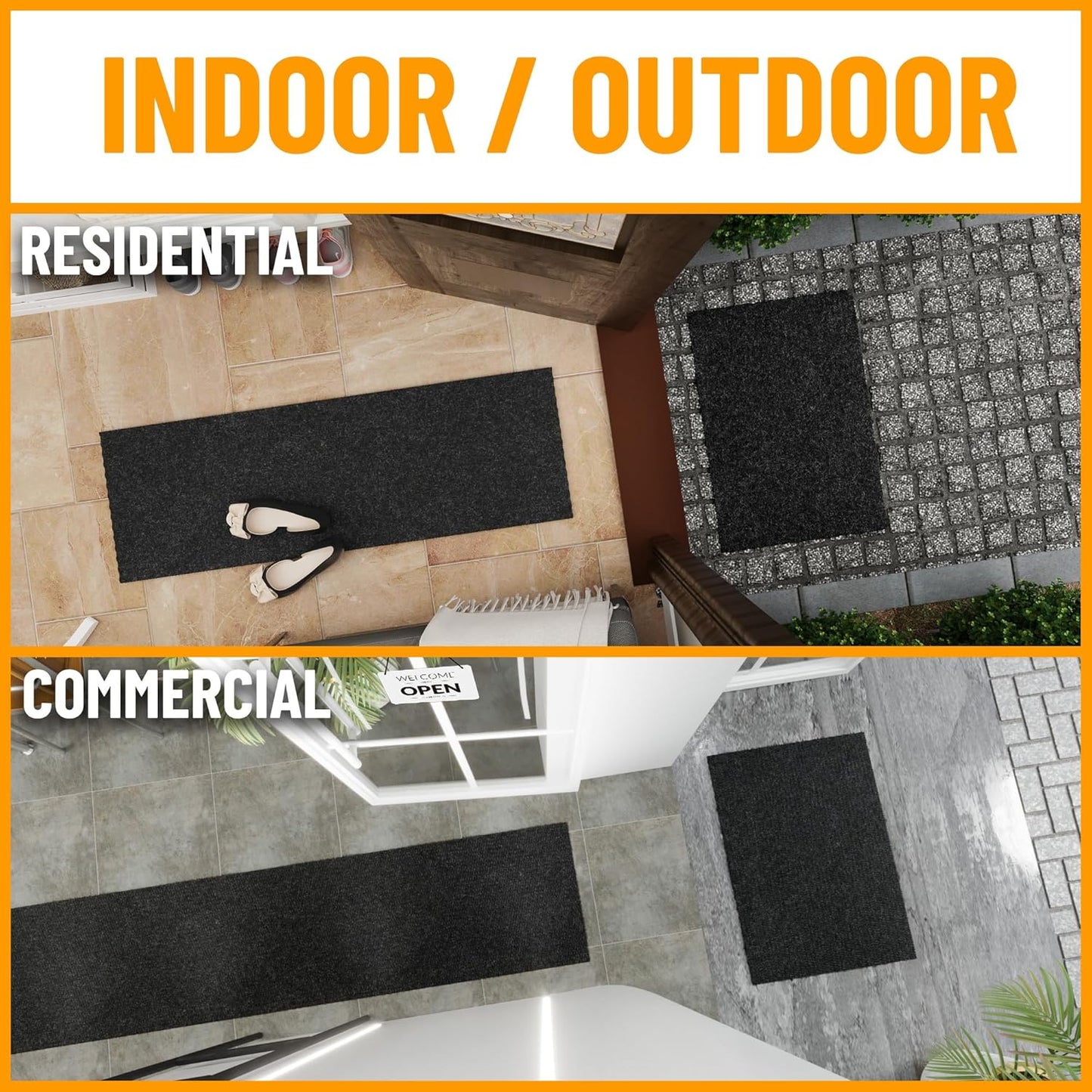 Ottomanson 2' x 24' Hallway Runner with Scraper Pile Extra Durable Non-Slip Rug Mat for Indoor & Outdoor Use - Ideal for Kitchen, Entryway, Patio & Garage - High-Traffic Carpet, Black