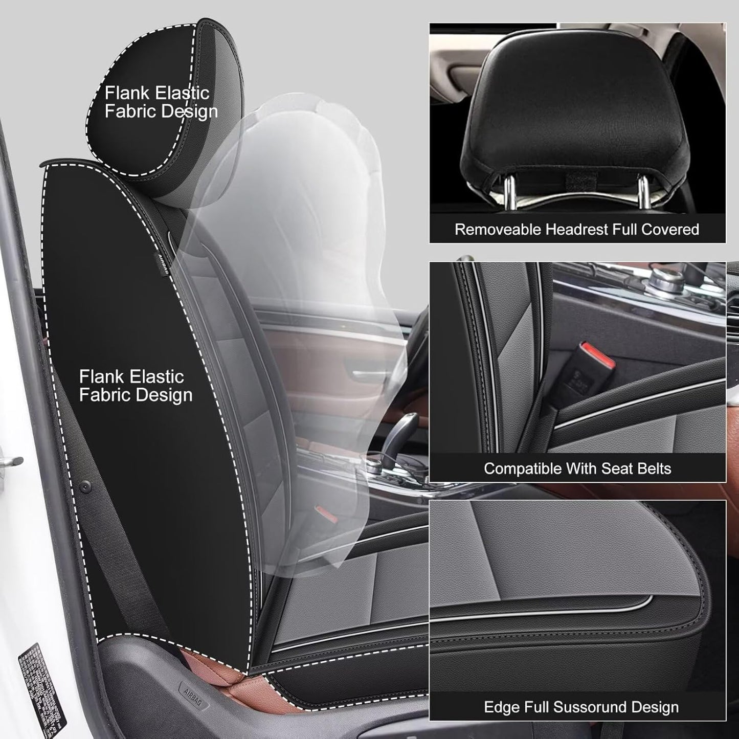 YORKNEIC 2 Front Seat Covers Fit for Hyundai Kona 2018-2024 2025: Leather Car Seat Covers - Waterproof Car Seat Protector Compatible Airbag (Black & Grey)