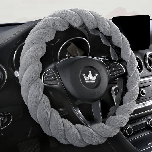 Luxury Fluffy Winter Car Steering Wheel Cover for Women Soft Warm Cute Auto Accessories for Jeep, Truck, Van, F150, Universal, Fuzzy, Anti Slip, Gray, Large Size, 15.2-16in