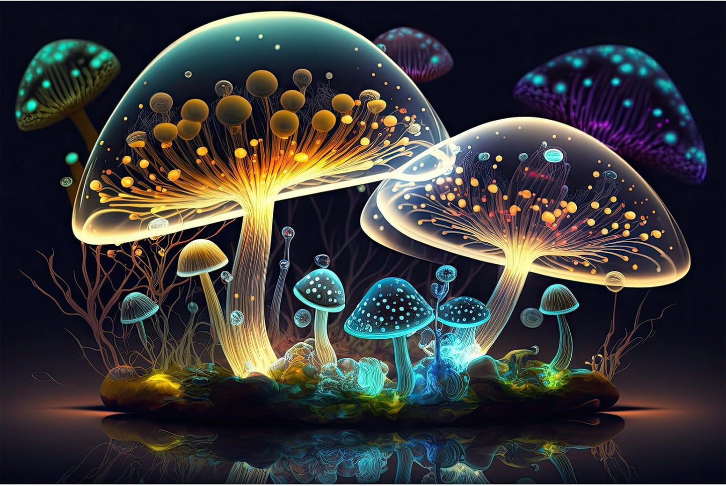 Mushroom Aquarium Background Abstract Glowing Fantasy Mushrooms Terrarium Background Mysterious Forest Magical Night In Circle Shape Crystal Glass Fish Tank Backdrop Decorations Vinyl 72x24in