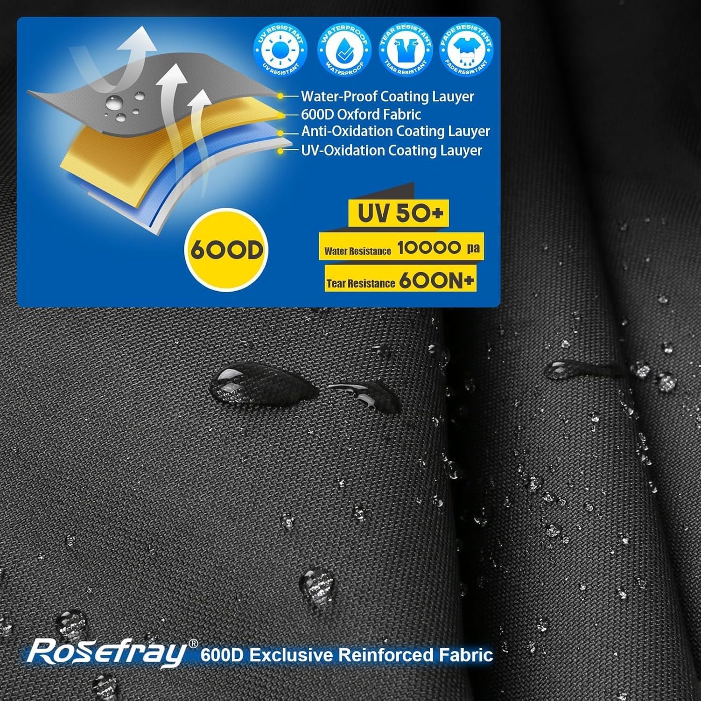 Rosefray Motorcycle Cover 600D Heavy Duty All Season Universal Weather Waterproof Sun Outdoor Protection Durable Night Reflective& 96" XXL Vehicle Cover/Black