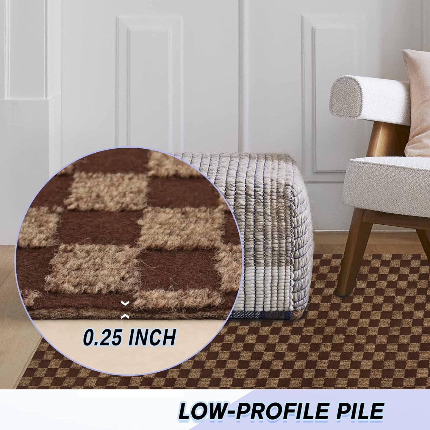 Custom Size Backed Non-Slip Area Rugs Runner, Easy Clean, Waterproof Runner Rugs for Hallway Entryway, Kitchen, Laundry, 3FT x 60FT, Brown Checkered