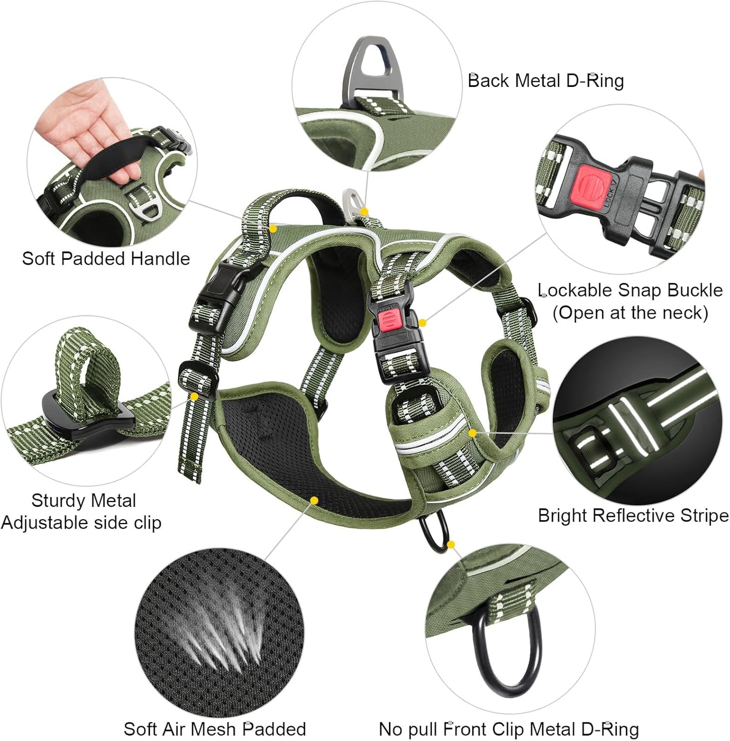 Timos Dog Harness Large Sized, No Pull Pet Harness with Neck Lockable Snap,No Choke Front Clip Dog Reflective Vest,Adjustable Metal Rings 3 Buckles,Easy Control Handle for Large Dogs Green L