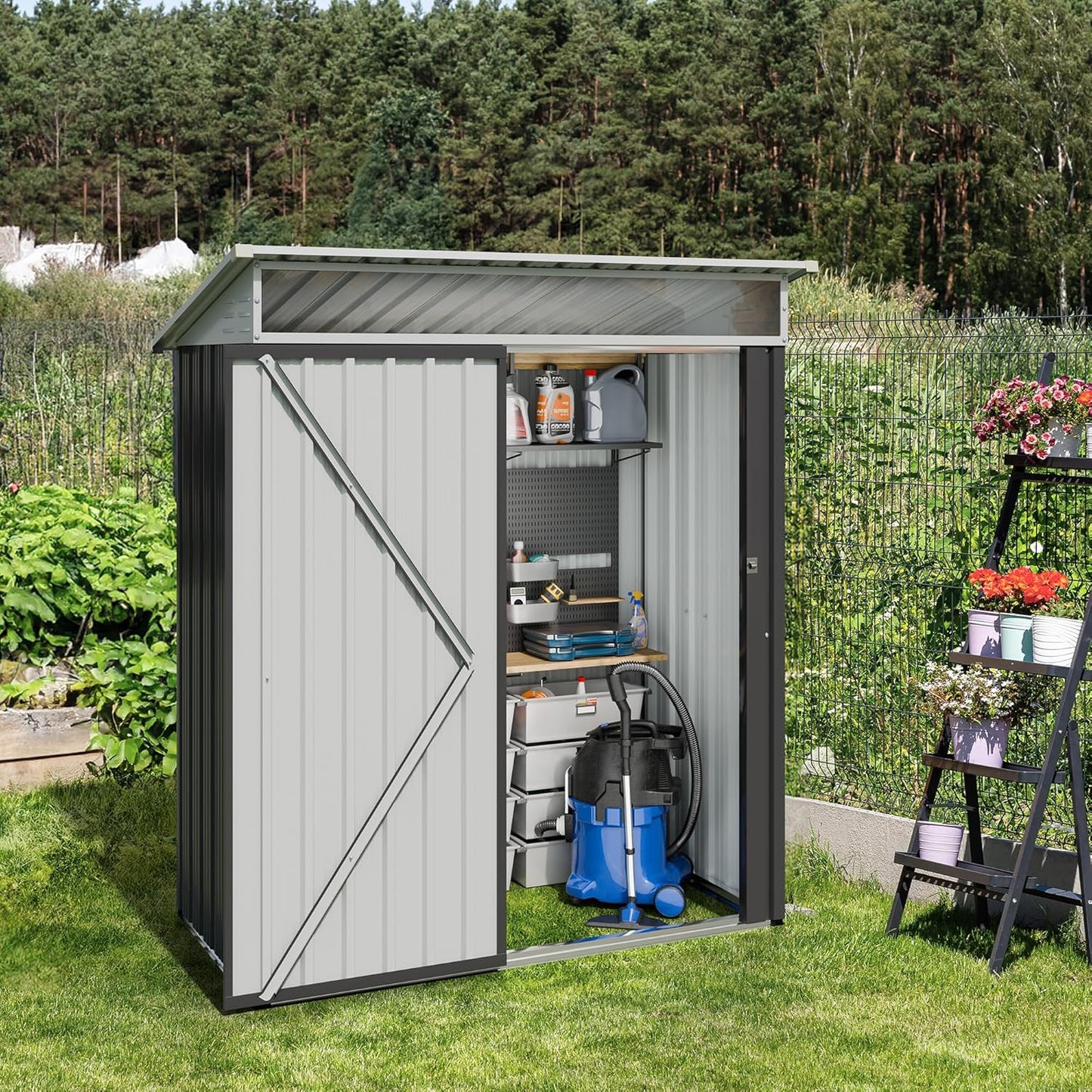 JYQAQA 5x3 FT Outdoor Garden Storage Shed, Waterproof Metal Garden Sheds with Window and Lockable Double Door, Weather Resistant Steel Tool Storage House Shed for Patio, Lawn Dark Gray