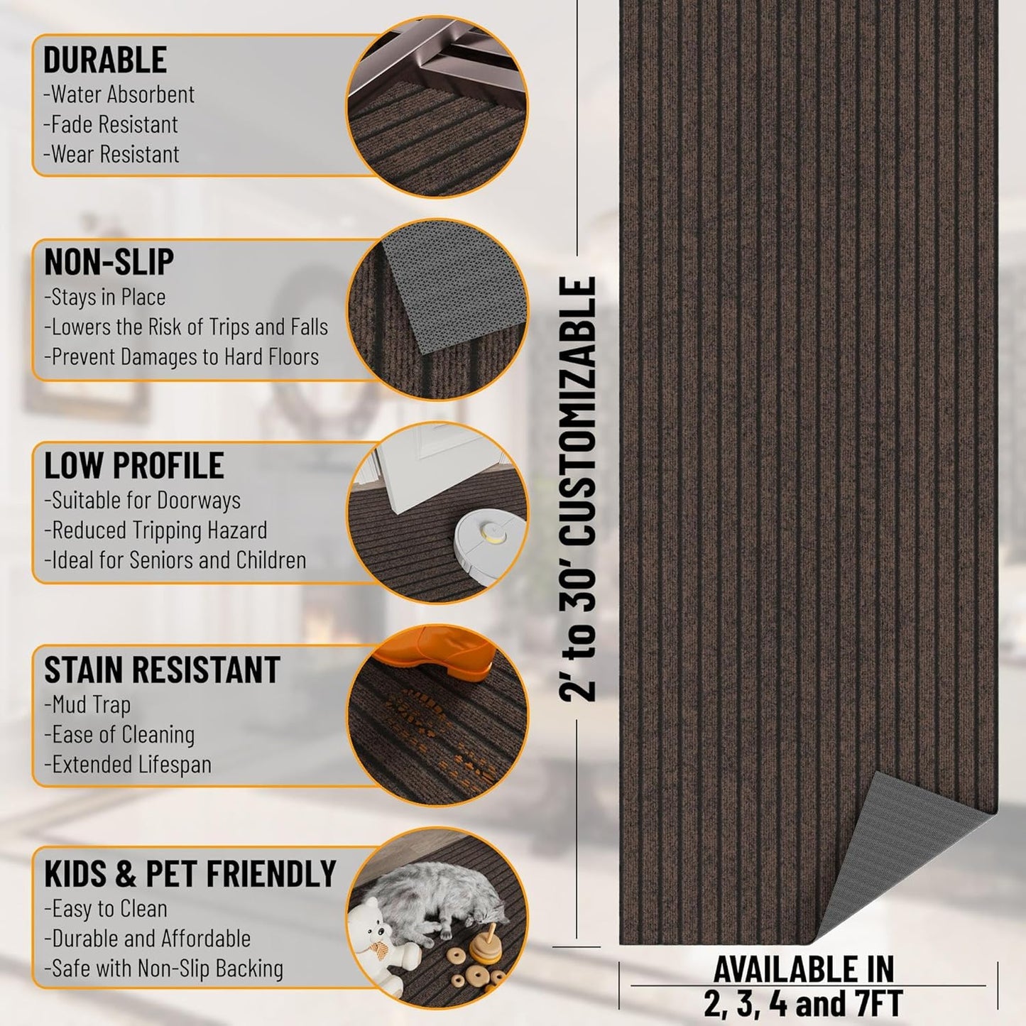Ottomanson 2'7" x 41' Hallway Runner with Scraper Pile - Extra Durable Non-Slip Rug Mat for Indoor & Outdoor Use - Ideal for Kitchen, Entryway & Garage - High-Traffic Carpet, Brown