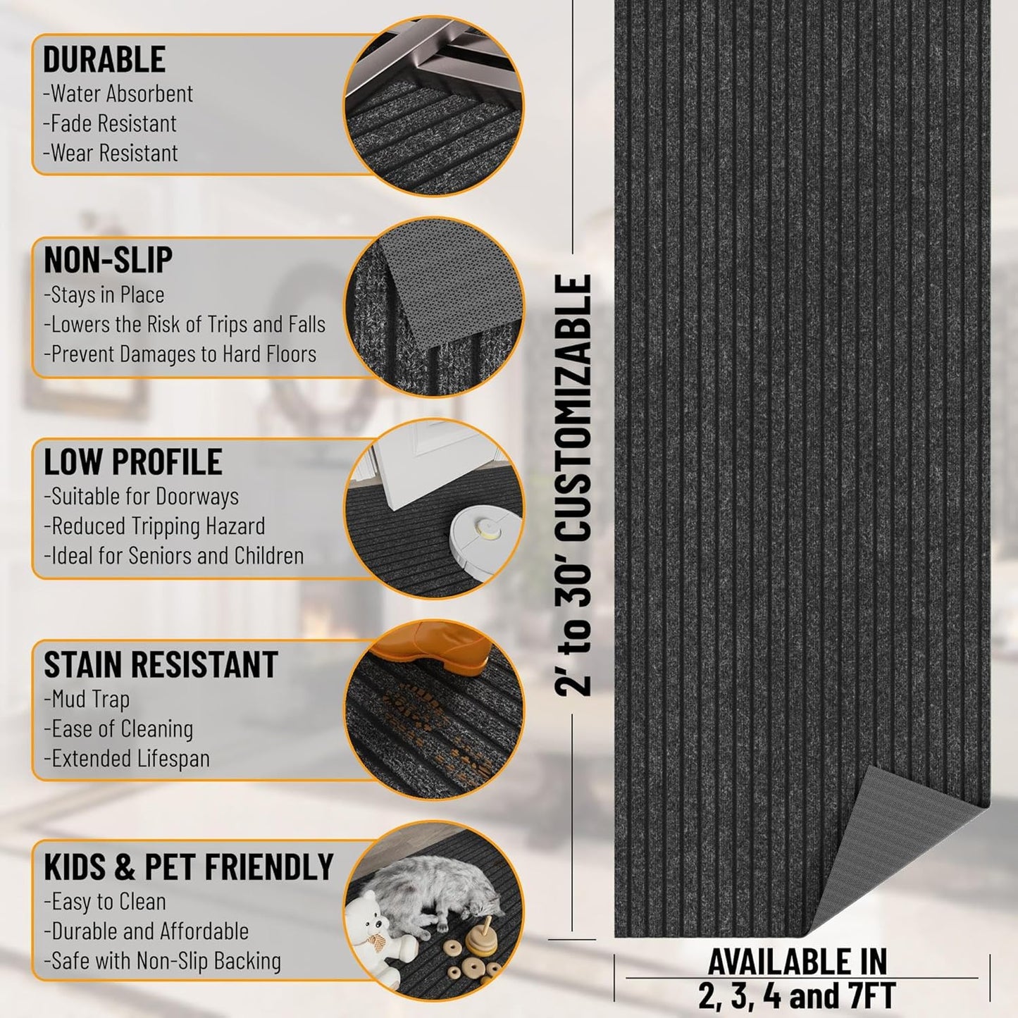 Ottomanson 2'7" x 14' Hallway Runner with Scraper Pile - Extra Durable Non-Slip Rug Mat for Indoor & Outdoor Use - Ideal for Kitchen, Entryway & Garage - High-Traffic Carpet, Black