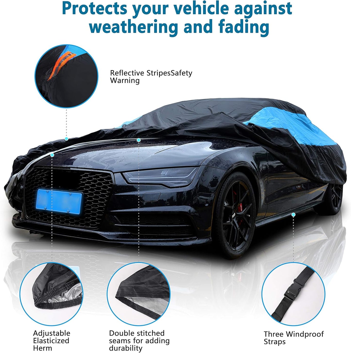 MORNYRAY Waterproof Car Cover All Weather Snowproof UV Protection Windproof Outdoor Full car Cover, Universal Fit for Sedan (Blue, A7-Fit Sedan Length(217-225 inch)