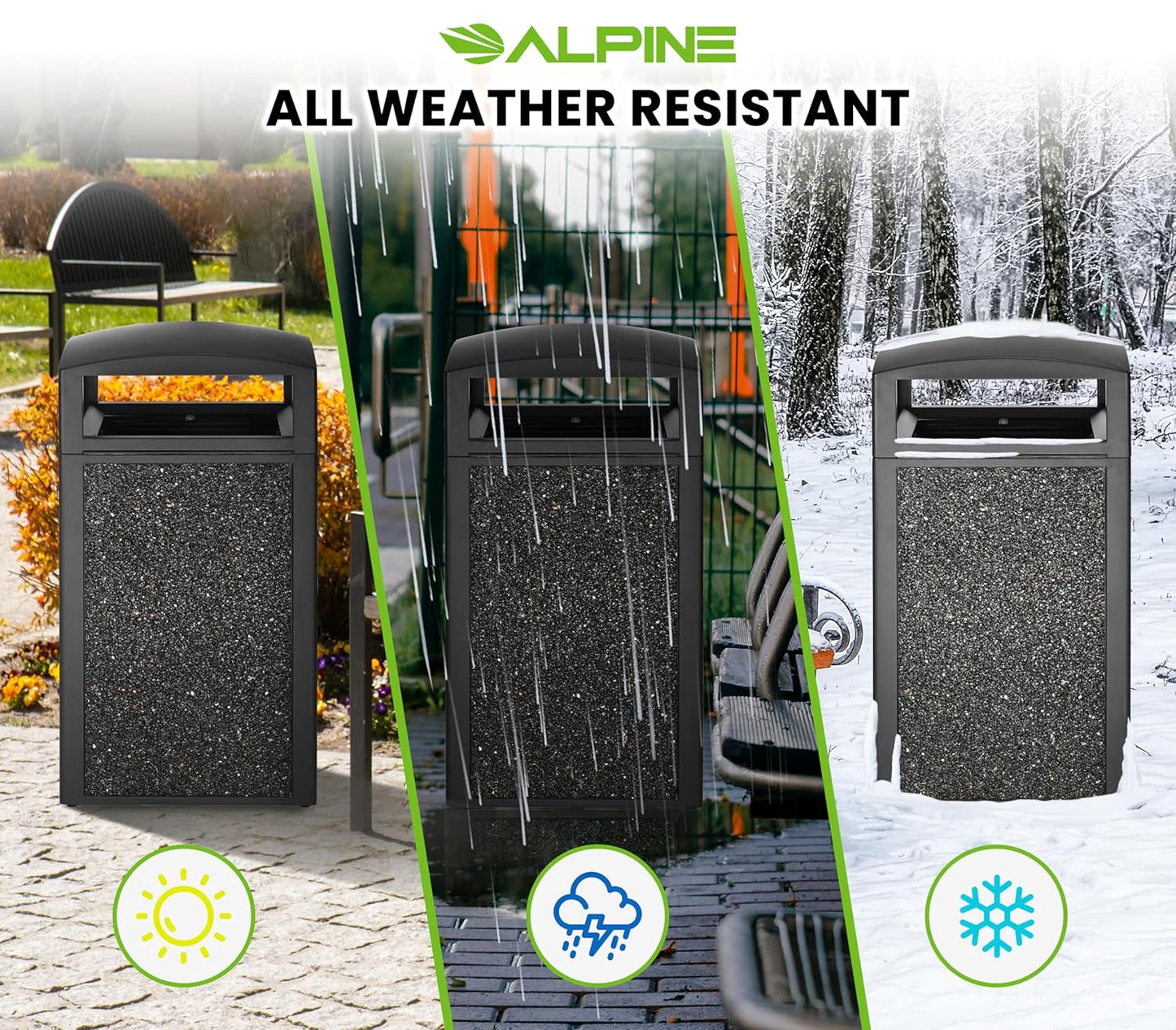 Alpine Outdoor Commercial Trash Can with Lid - 55 Gallon Heavy Duty Steel Garbage Can with Removable Bin, Locking Door for a Modern Look in Park, Mall & High Traffic Areas - Black, Grey Stone Panels