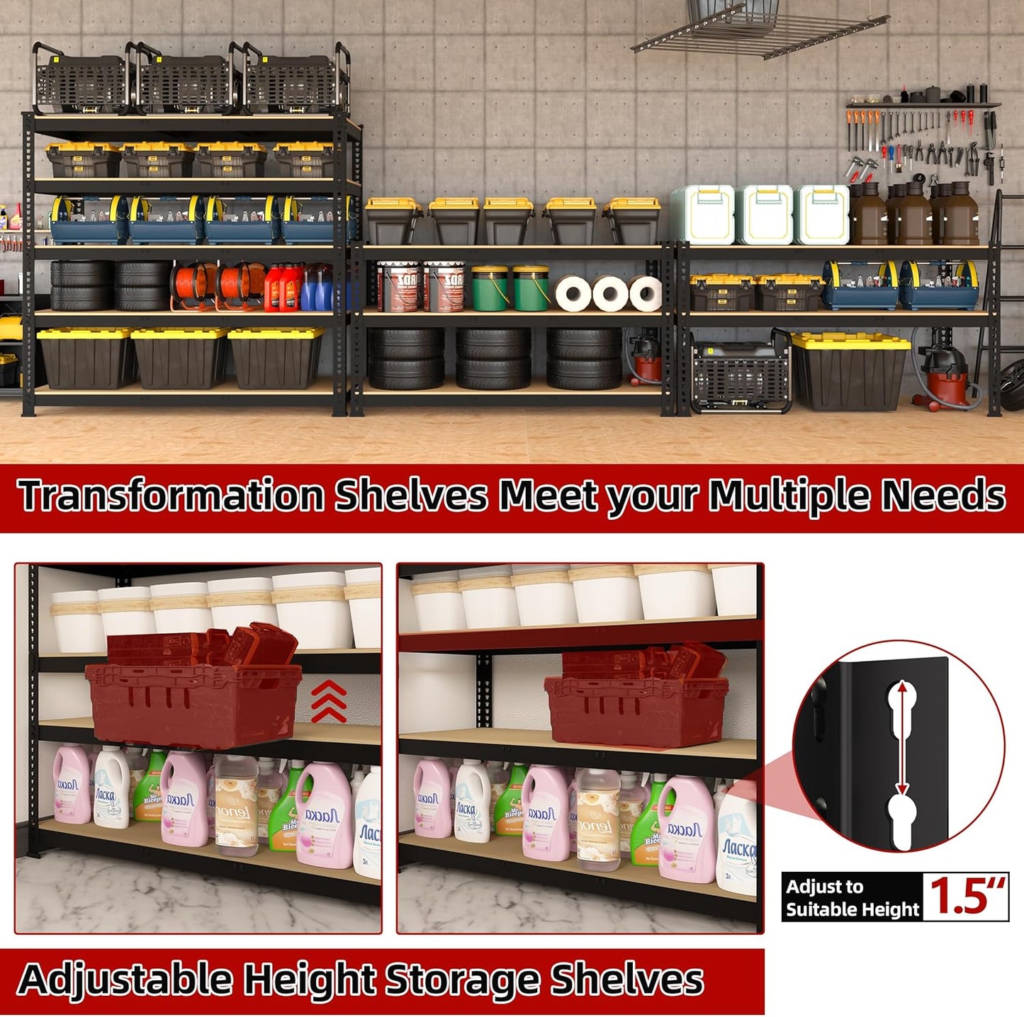 5-Shelf Heavy Duty Shelving - Adjustable Garage Storage Shelves, Metal Utility Storage Racks for Warehouse Pantry Basement Kitchen, Garage Organizers Shef Unit, Black, Packs of 4